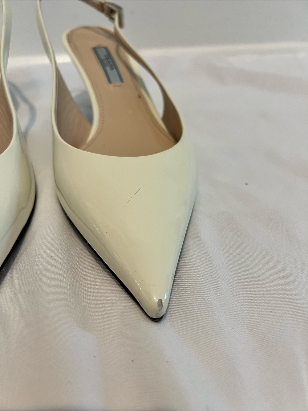 PRADA Ivory Patent Leather Pointed Toe Heels, Size 7 - Picture 6 of 8